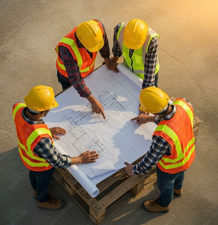 Construction framing crew reviewing blueprints